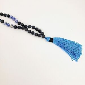𝅺8MM Blue Spot Jasper + Lava Stone tassel necklace 108 mala prayer beads
